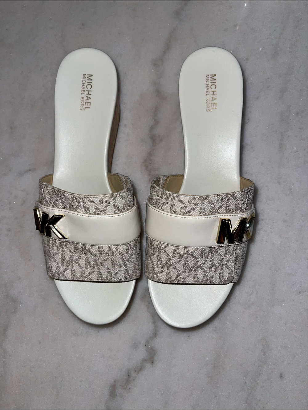 MICHAEL Michael Kors White & Beige MK Logo Slide Mules